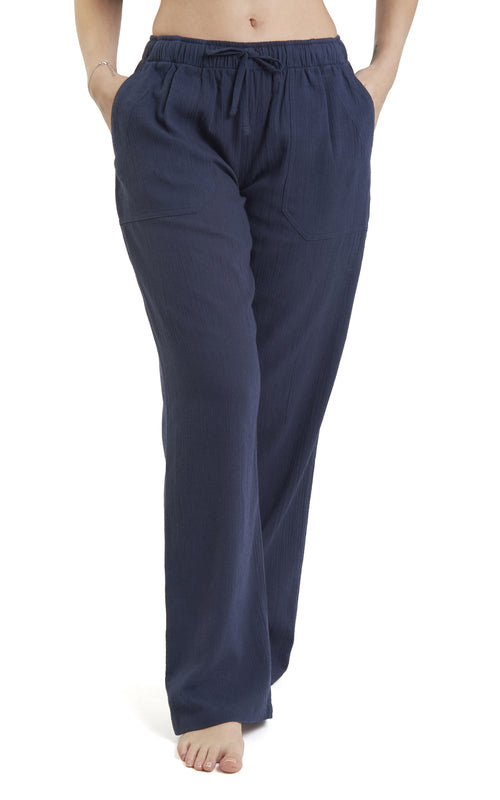 Women's Gauze Cotton PJ & Beach Pants with Pockets (Navy Blue)