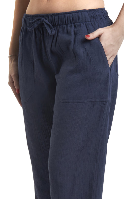 Women's Gauze Cotton PJ & Beach Pants with Pockets (Navy Blue)