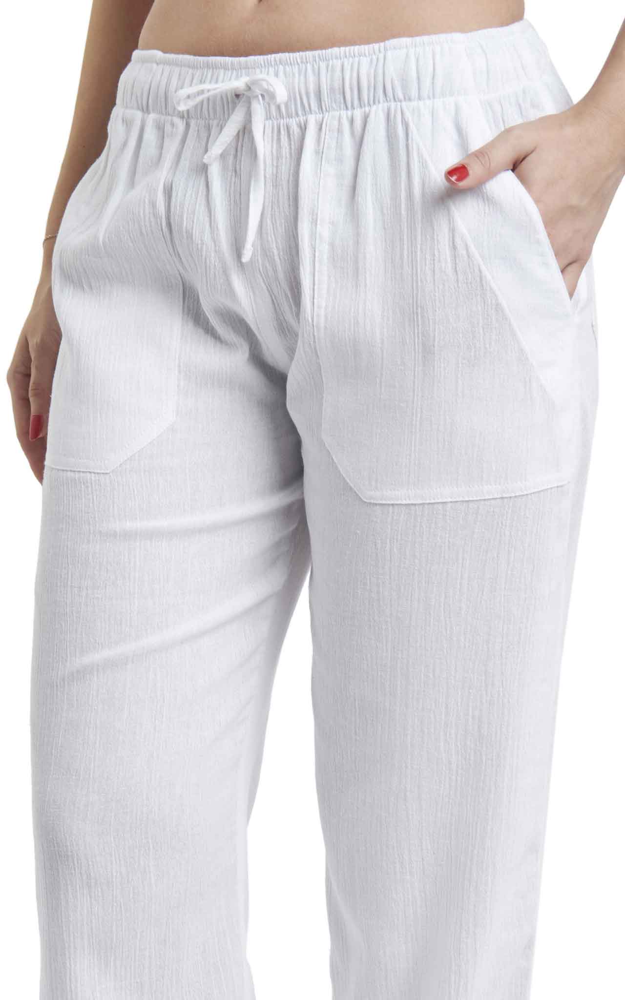 Women's Gauze Cotton PJ & Beach Pants with Pockets (White)