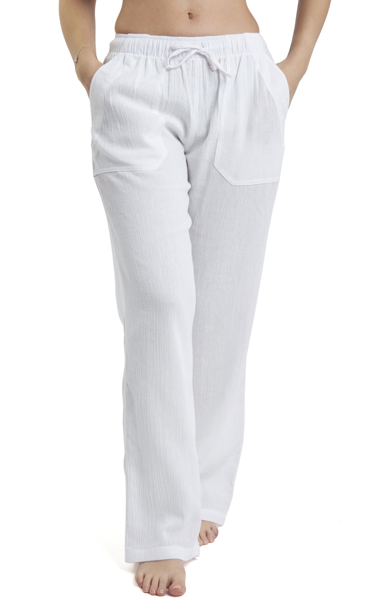 Women's Gauze Cotton PJ & Beach Pants with Pockets (White)