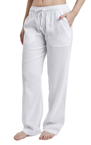 Women's Gauze Cotton PJ & Beach Pants with Pockets (White) – J & Ce