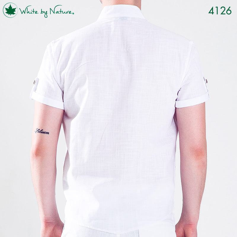 Back of Short Sleeve Mandarin Collar Cotton Shirt