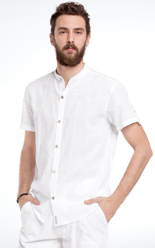 Men's Short Sleeve Mandarin Collar White Cotton Shirt