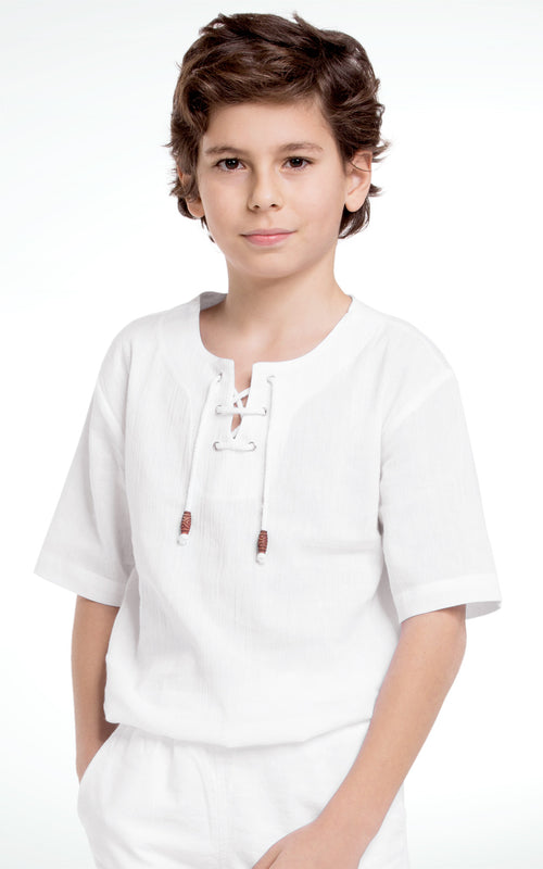 Boys' Lace Up Short Sleeve White Cotton T-Shirt