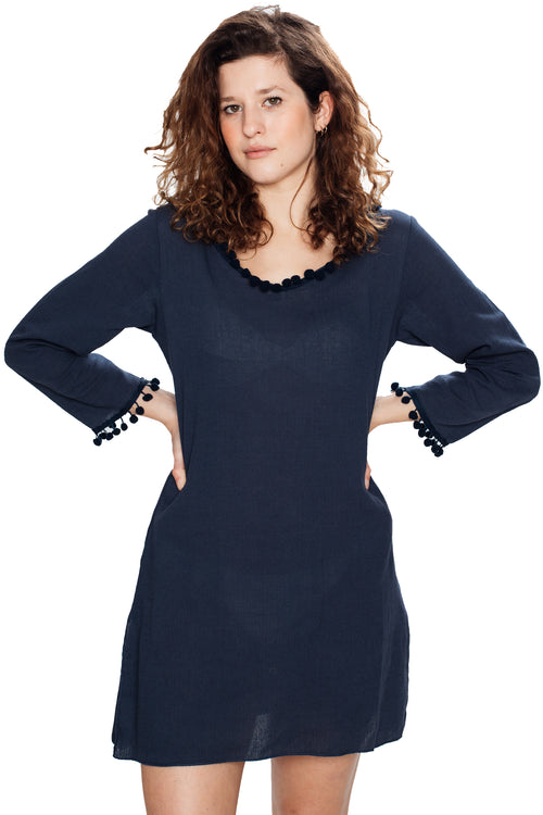 Navy Blue Hooded Long Sleeve Cotton Coverup