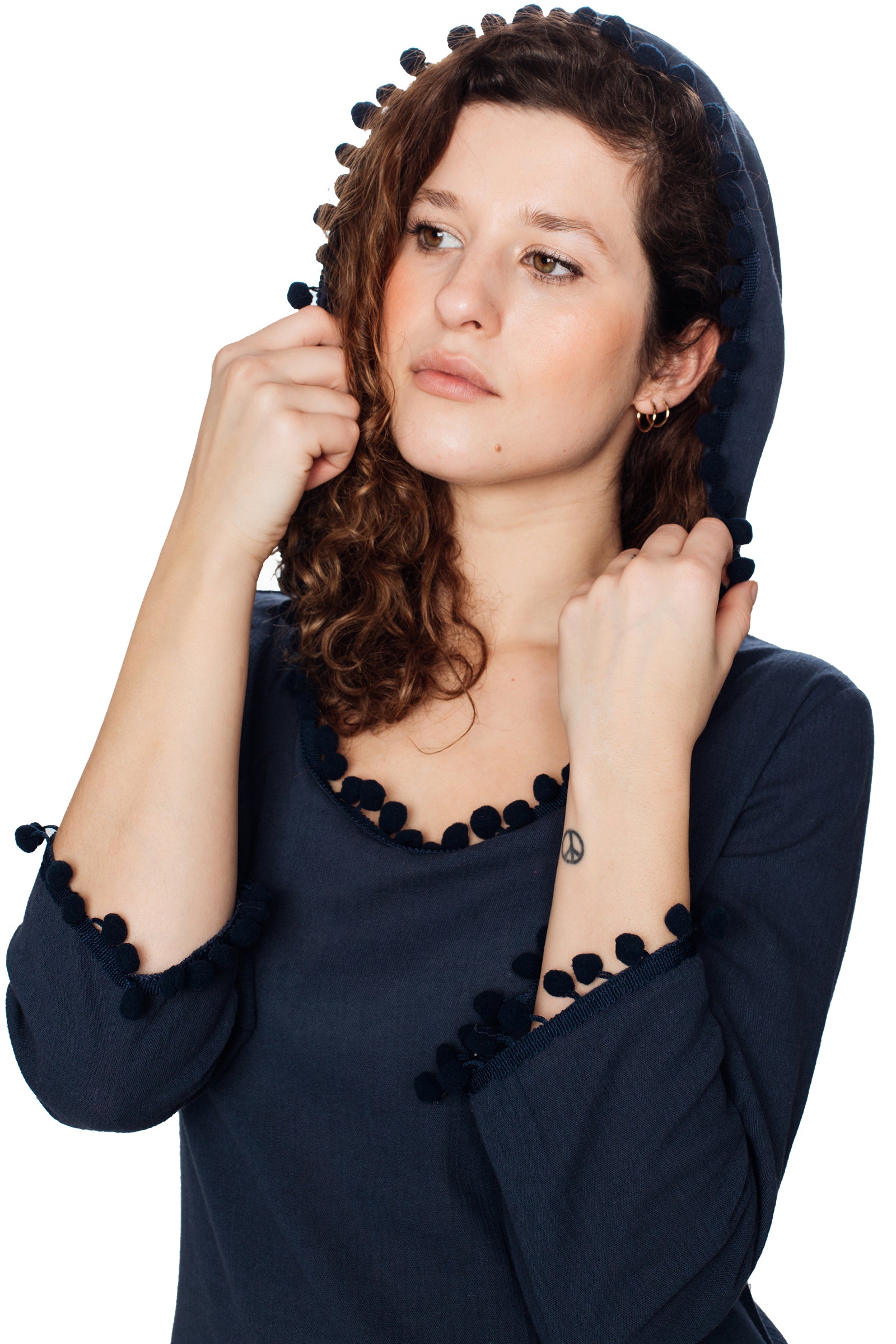 Navy Blue Hooded Long Sleeve Cotton Coverup