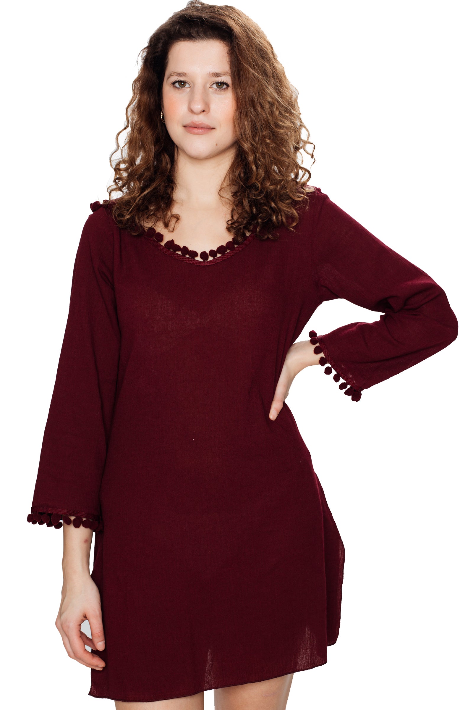 Burgundy Hooded Long Sleeve Cotton Coverup