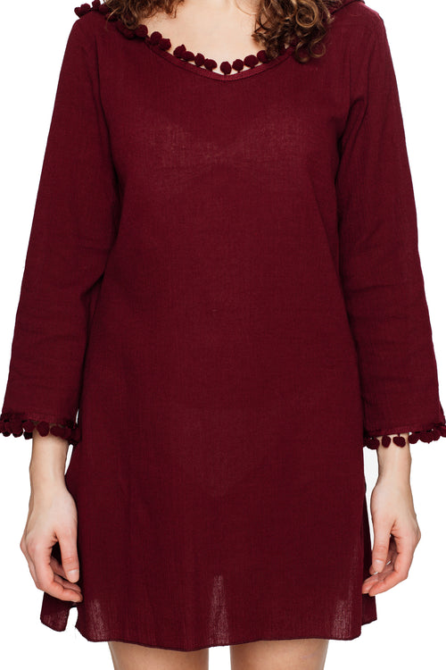Burgundy Hooded Long Sleeve Cotton Coverup