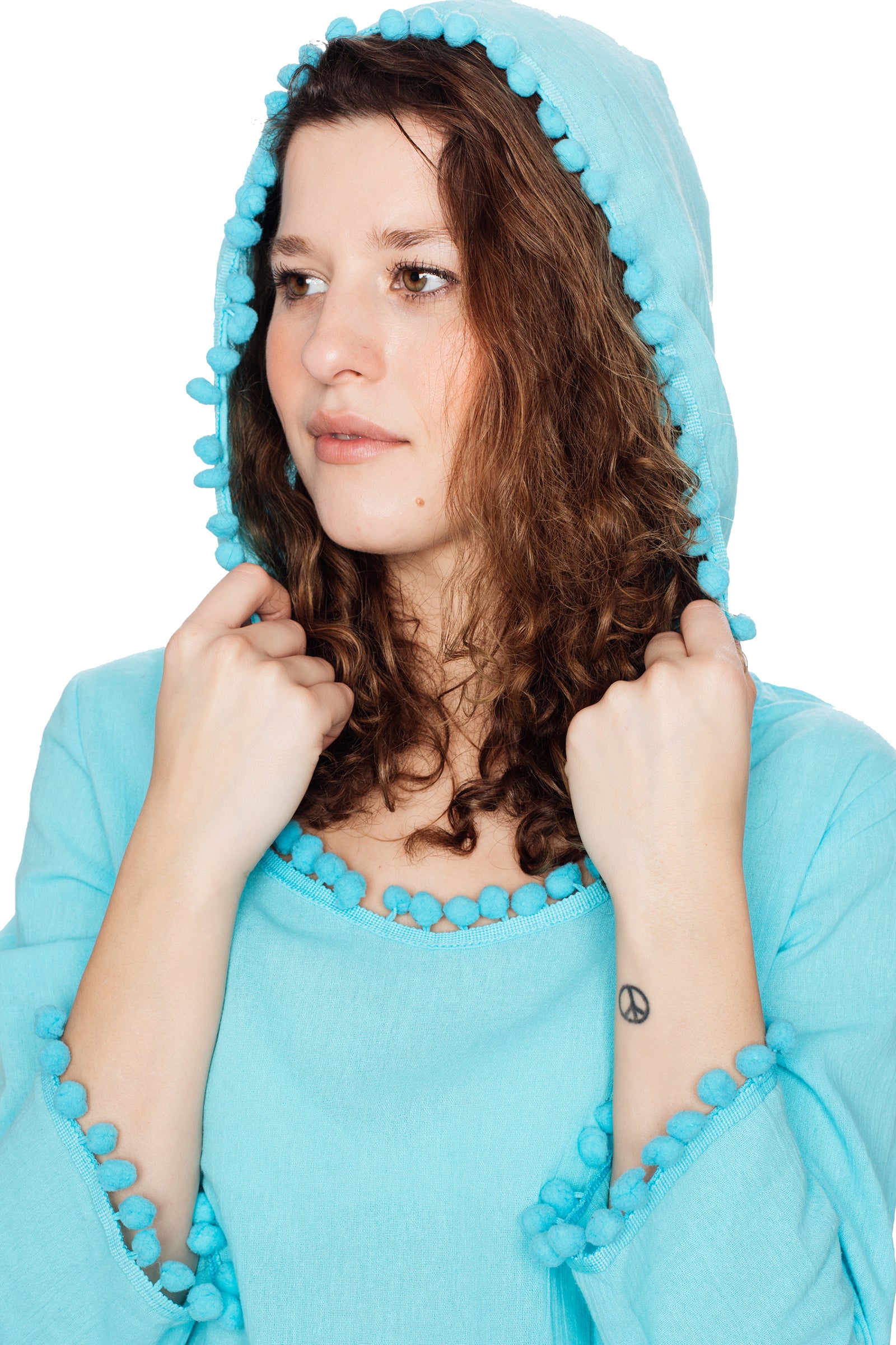 Turquoise Hooded Long Sleeve Cotton Coverup