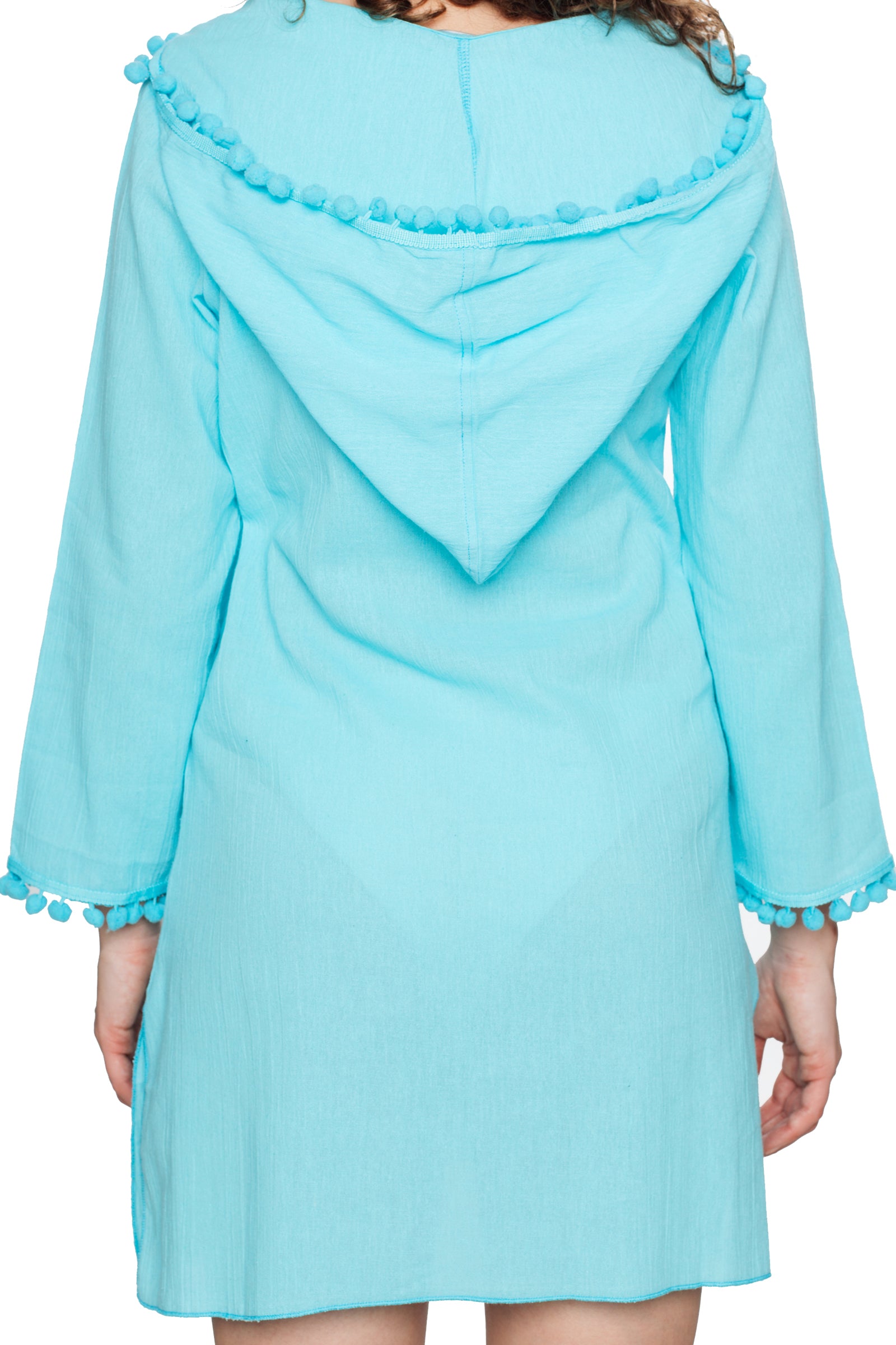 Turquoise Hooded Long Sleeve Cotton Coverup