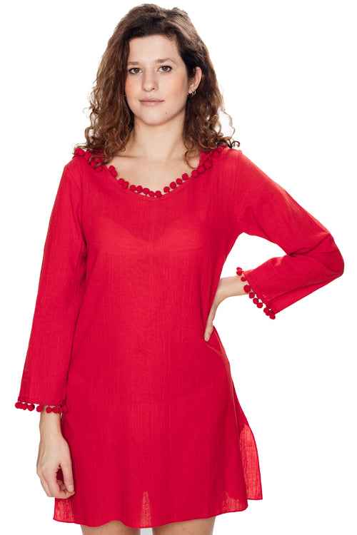 Coral Hooded Long Sleeve Cotton Coverup