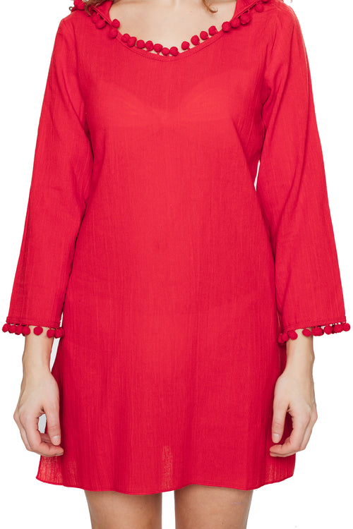 Coral Hooded Long Sleeve Cotton Coverup