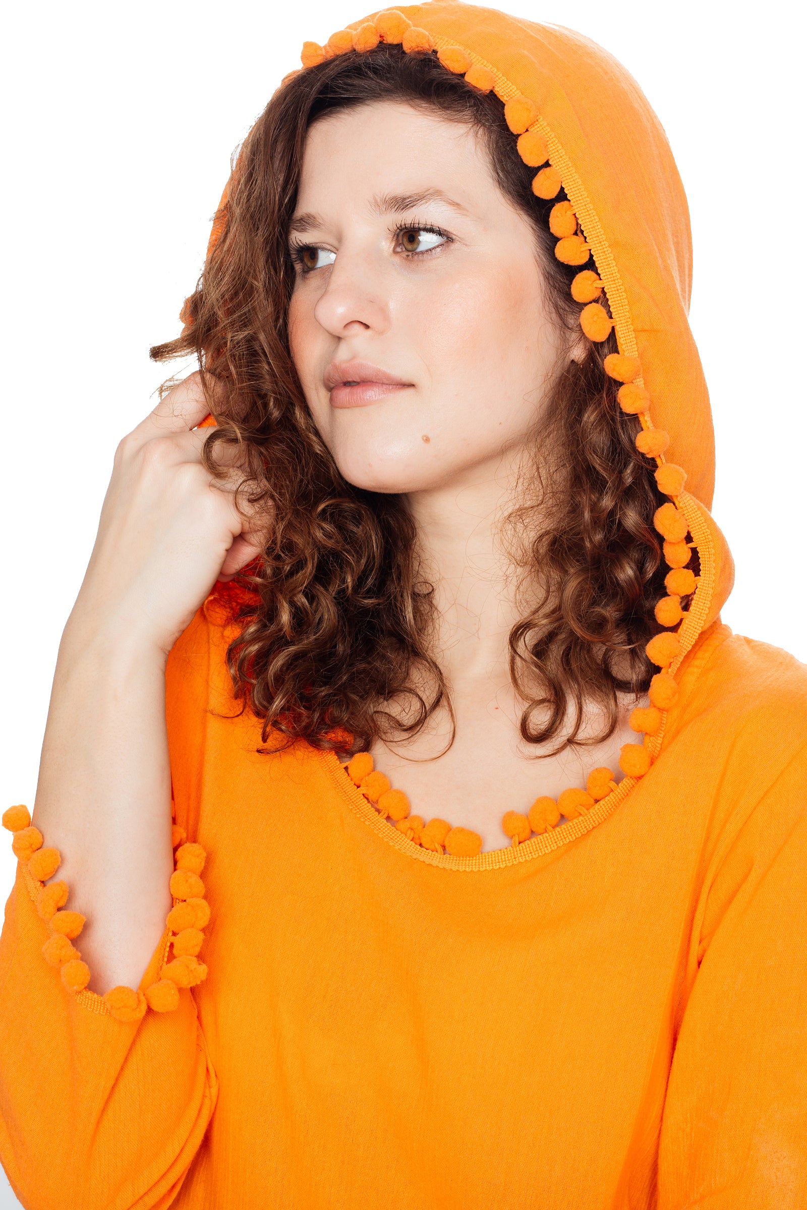 Orange Hooded Long Sleeve Cotton Coverup